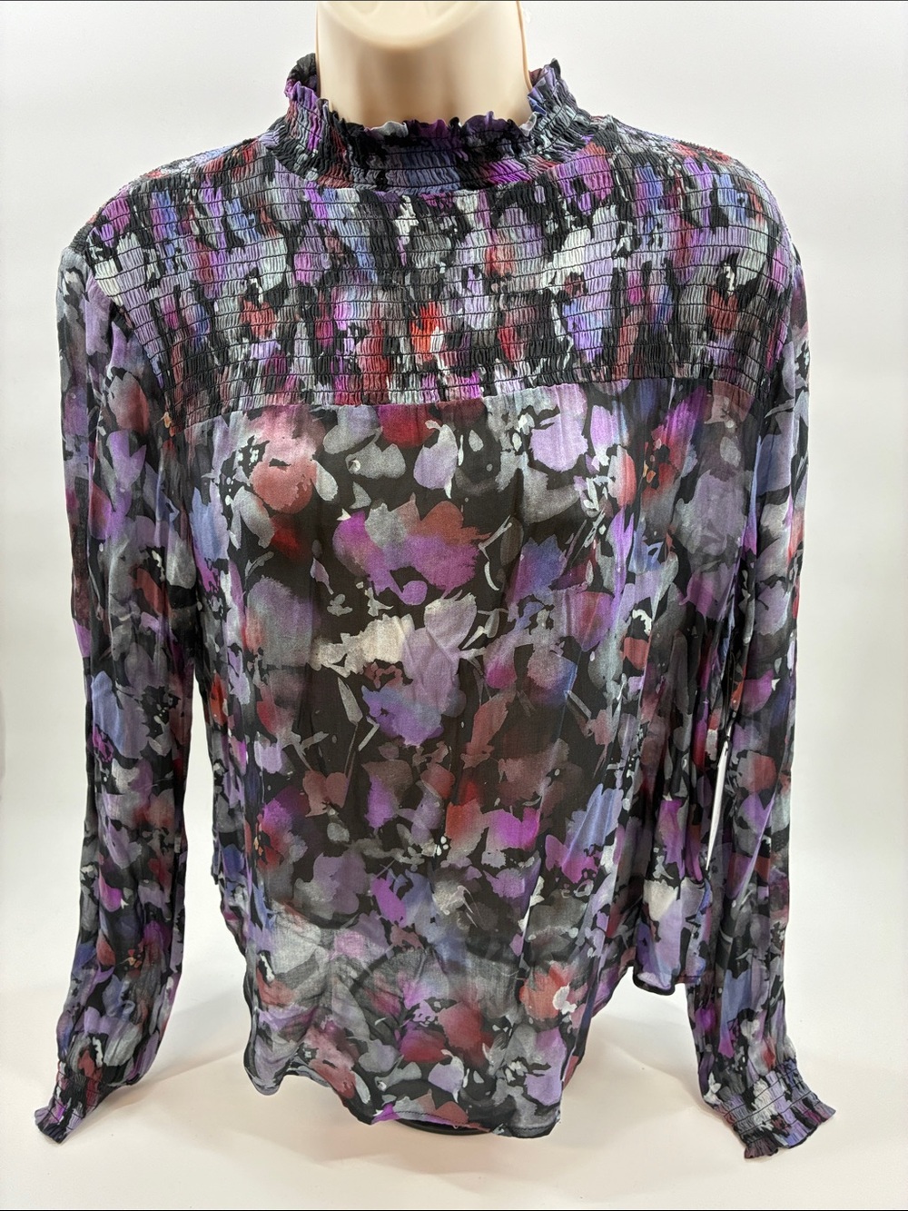 Sheer Smocked Yoke Floral Blouse - Purple Multi